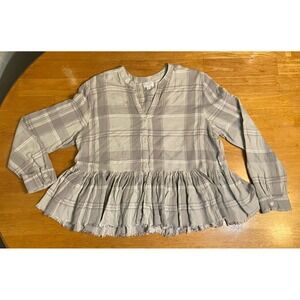 Mudpie‎ Women's Size Large Gray/White Top Blouse Long Sleeve EUC